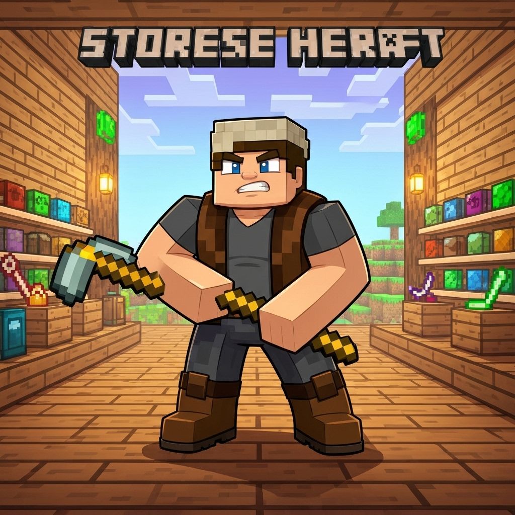 Minecraft-inspired store hero illustration